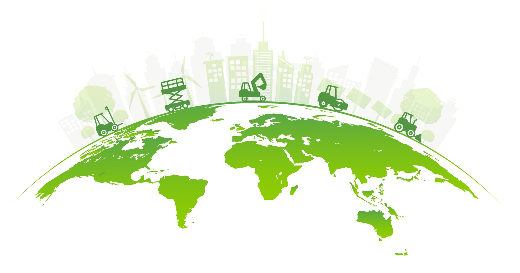 A green map with different types of heavy equipment on the top.