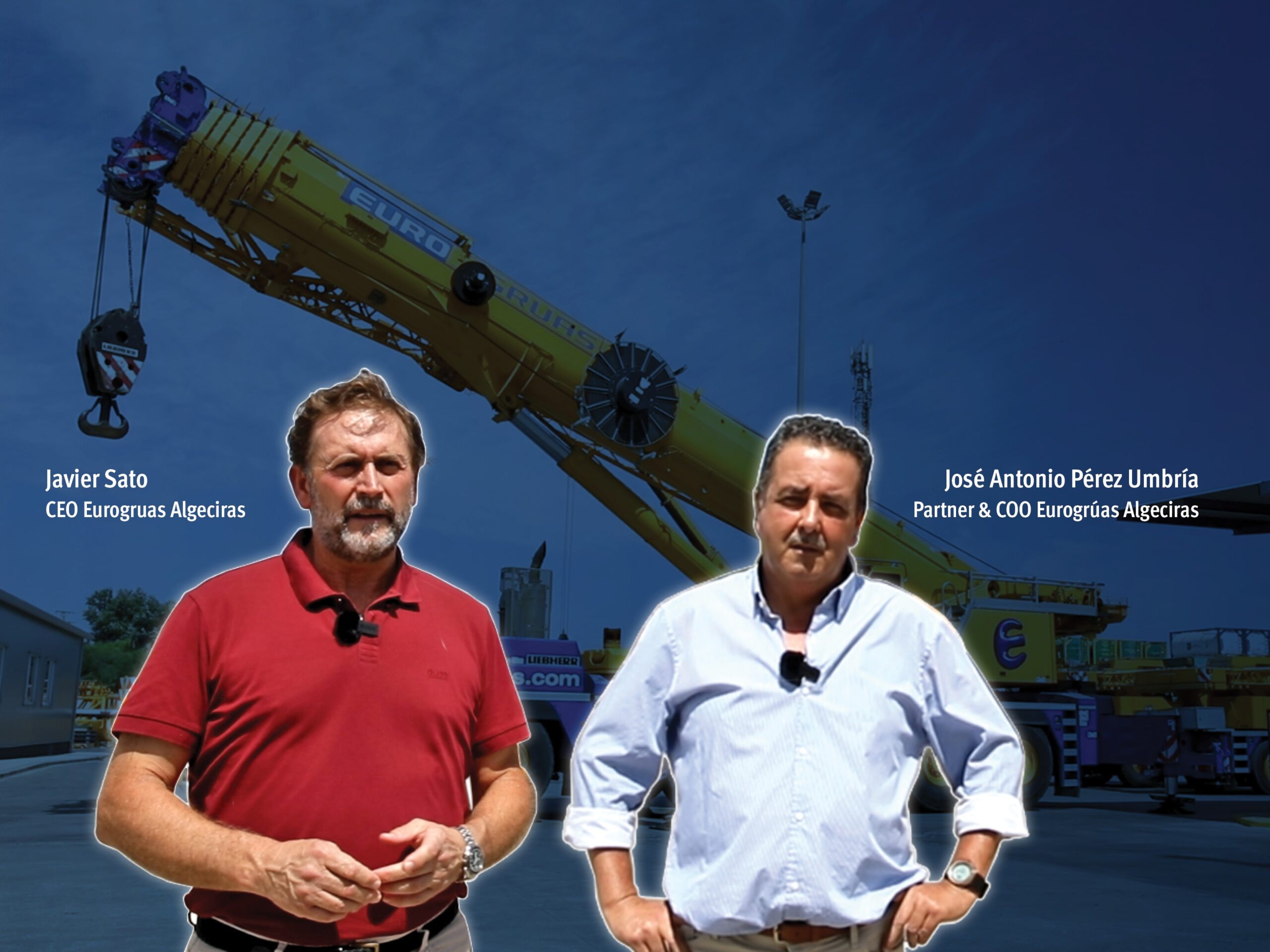 Javier Sato and José Antonio Pérez Umbría in front the crane.