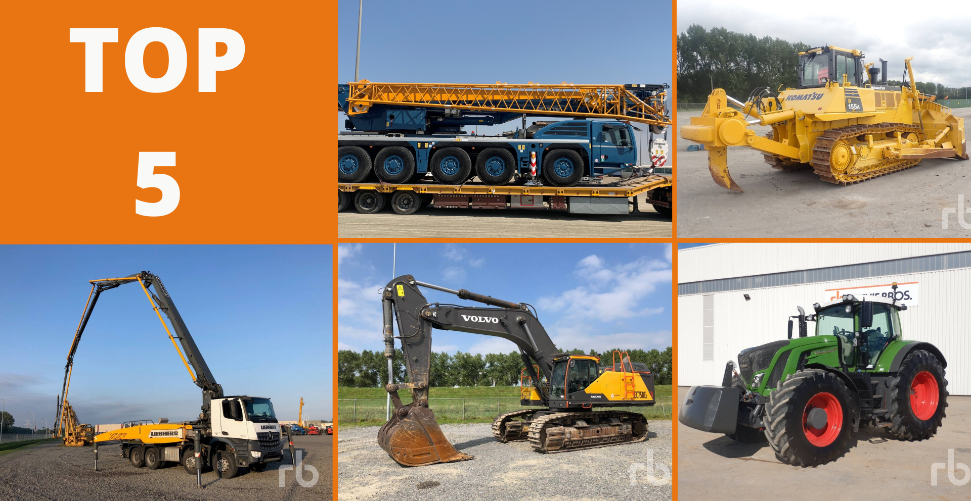 Five types of heavy equipment with a text that says TOP 5.