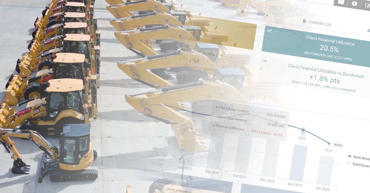 A line of heavy equipment and financial data.
