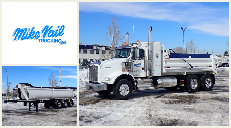 A collage photo of Mike Vail logo and heavy equipment