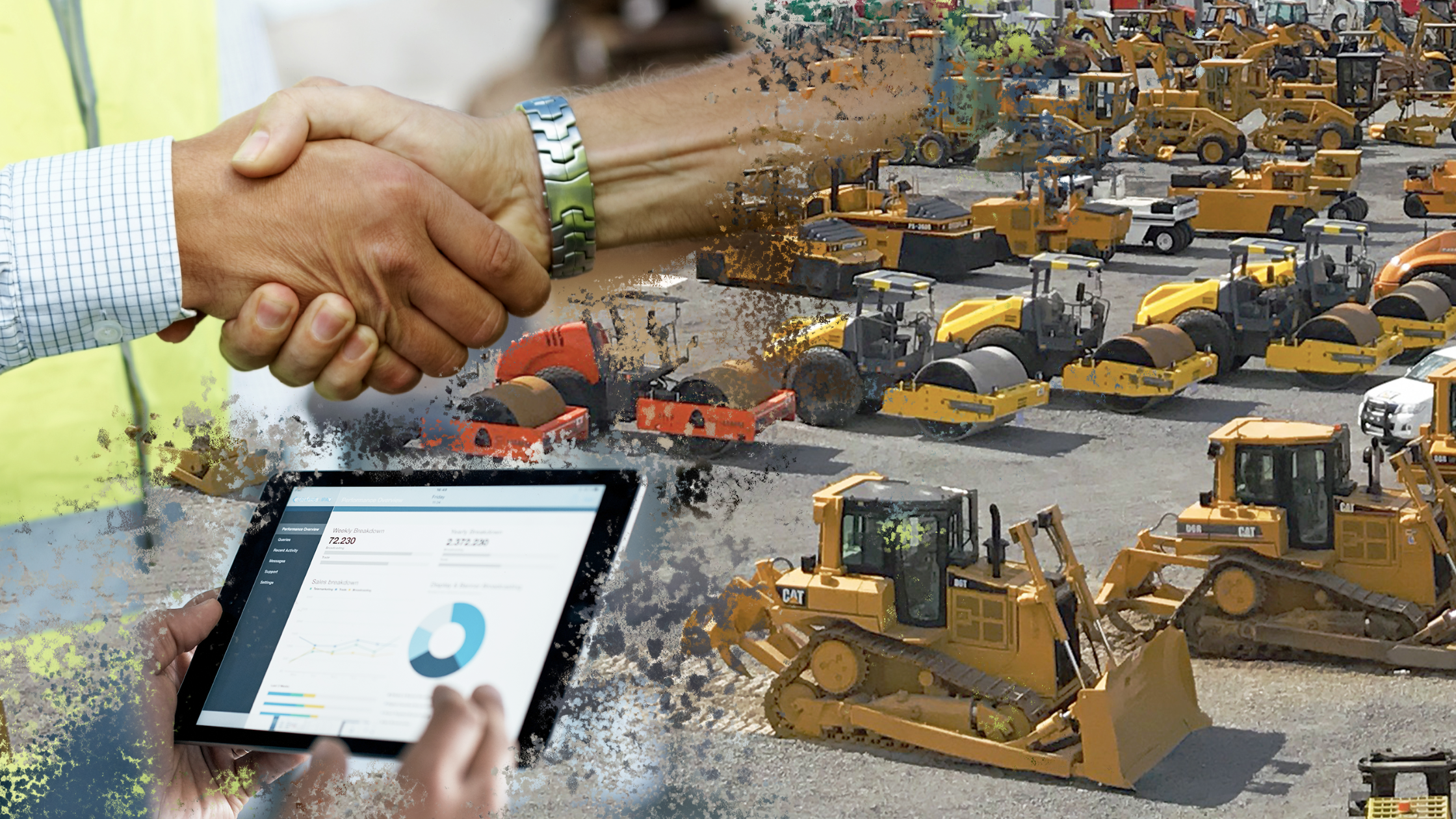 Collage photo of heavy equipment, tablet, and handshaking.