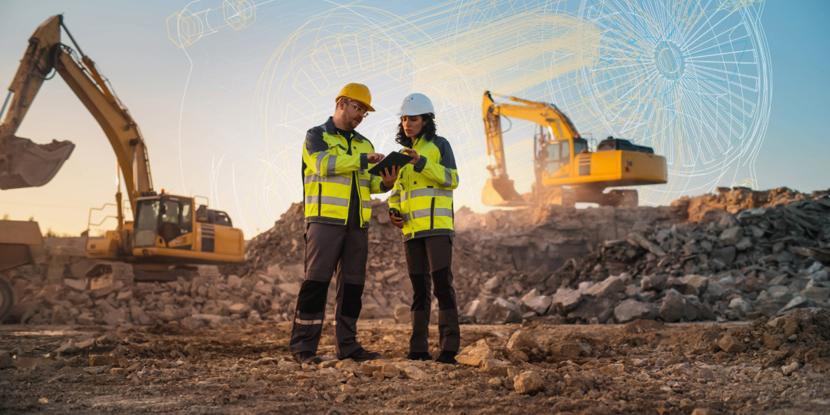 A worker wearing a hard hat and a high-visibility jacket at the construction site.