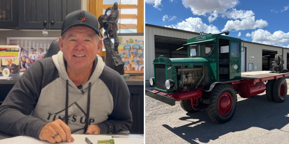 An image shows a photo of Kim Robinson and a vintage flatbed truck.