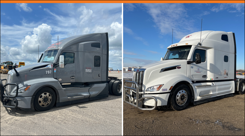A photo of a Kenworth semi-truck and a Peterbilt semi-truck is being compared.