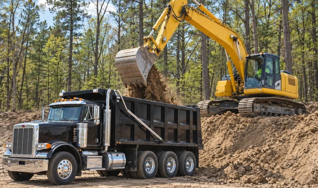 Excavator loading dirt into a tri-axle dump truck on a construction site