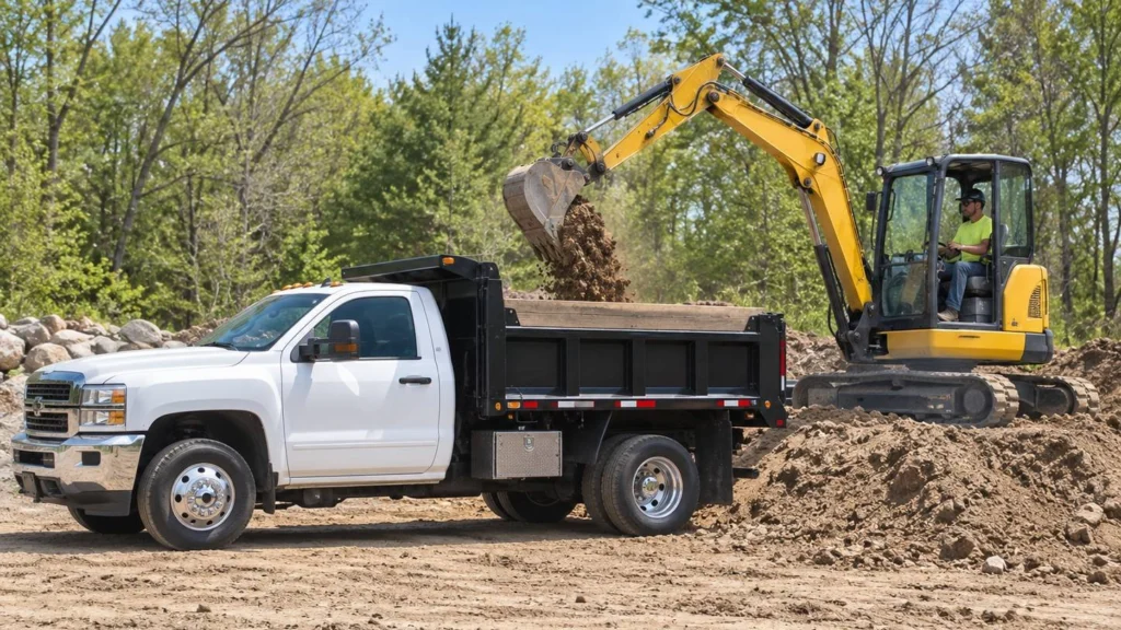 Mini excavator loading dirt into a light-duty dump truck on a job site